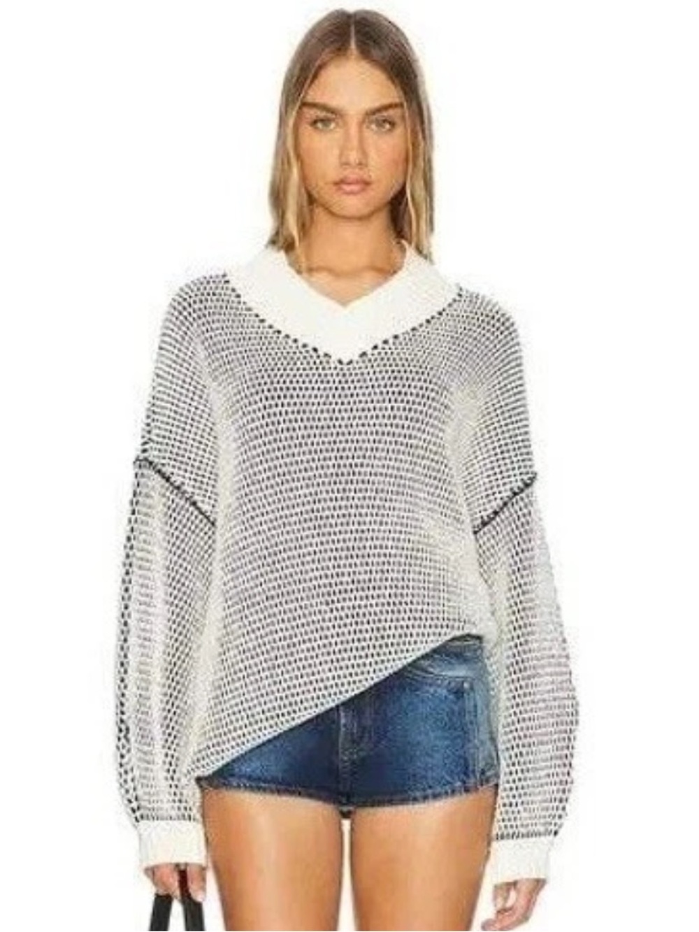 Free People MAISIE SWEATER IN IVORY BLACK COMBO - Like New - Large